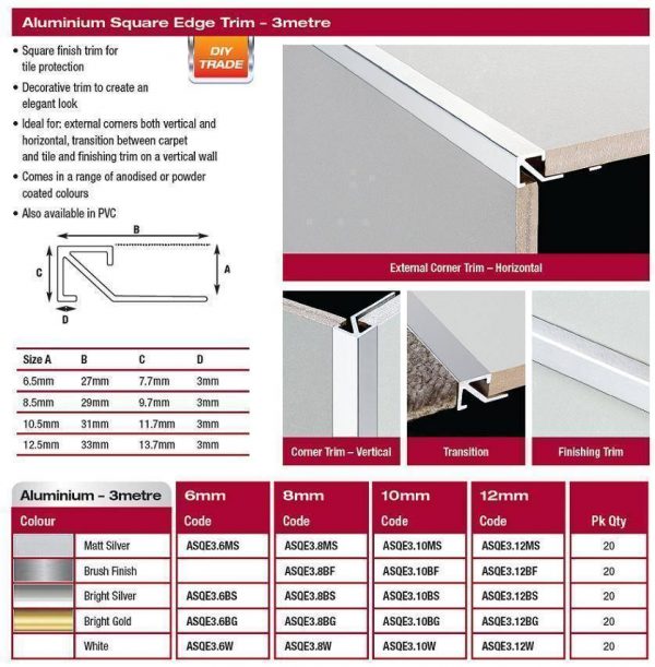 8mm Aluminium Square Edge Trim x 3 Metre